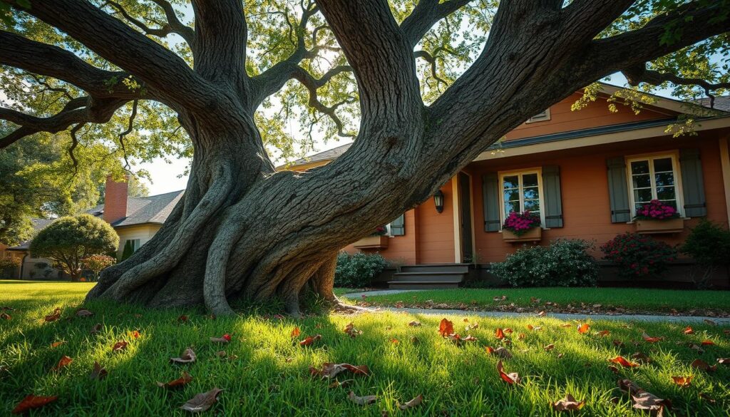 A beautifully aged tree, with a thick trunk and sprawling branches, leans precariously towards a charming house in a suburban setting. The foreground features lush green grass and scattered fallen leaves, while the middle ground shows the tree's bark texture in detail, accentuating its age. In the background, the quaint house, painted in warm earth tones, has windows with flower boxes, creating a welcoming atmosphere. Soft, dappled sunlight filters through the branches, casting gentle shadows and illuminating the scene with a peaceful glow. A wide-angle perspective captures the depth of the landscape, emphasizing the tree’s angle in relation to the house. The mood is serene yet slightly tense, highlighting the delicate balance between nature and human habitation. A beautifully aged tree, with a thick trunk and sprawling branches, leans precariously towards a charming house in a suburban setting. The foreground features lush green grass and scattered fallen leaves, while the middle ground shows the tree's bark texture in detail, accentuating its age. In the background, the quaint house, painted in warm earth tones, has windows with flower boxes, creating a welcoming atmosphere. Soft, dappled sunlight filters through the branches, casting gentle shadows and illuminating the scene with a peaceful glow. A wide-angle perspective captures the depth of the landscape, emphasizing the tree’s angle in relation to the house. The mood is serene yet slightly tense, highlighting the delicate balance between nature and human habitation.