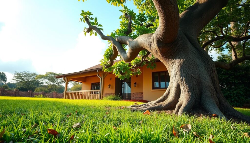 A beautifully formed tree leaning towards a cozy house in Centurion, showcasing its strong, twisting trunk and lush, verdant leaves. In the foreground, rich green grass surrounds the base of the tree, displaying fallen leaves and small pebbles scattered about. In the middle ground, the charming house is painted in warm earth tones, with a welcoming porch and inviting windows. The background features a bright blue sky with soft, fluffy clouds, filtering warm sunlight that bathes the scene in a golden hue. The angle captures the tree's unique lean towards the house, emphasizing the connection between nature and habitation. The overall mood is tranquil and harmonious, illustrating the beauty of trees adjusting to their environment. A beautifully formed tree leaning towards a cozy house in Centurion, showcasing its strong, twisting trunk and lush, verdant leaves. In the foreground, rich green grass surrounds the base of the tree, displaying fallen leaves and small pebbles scattered about. In the middle ground, the charming house is painted in warm earth tones, with a welcoming porch and inviting windows. The background features a bright blue sky with soft, fluffy clouds, filtering warm sunlight that bathes the scene in a golden hue. The angle captures the tree's unique lean towards the house, emphasizing the connection between nature and habitation. The overall mood is tranquil and harmonious, illustrating the beauty of trees adjusting to their environment.
