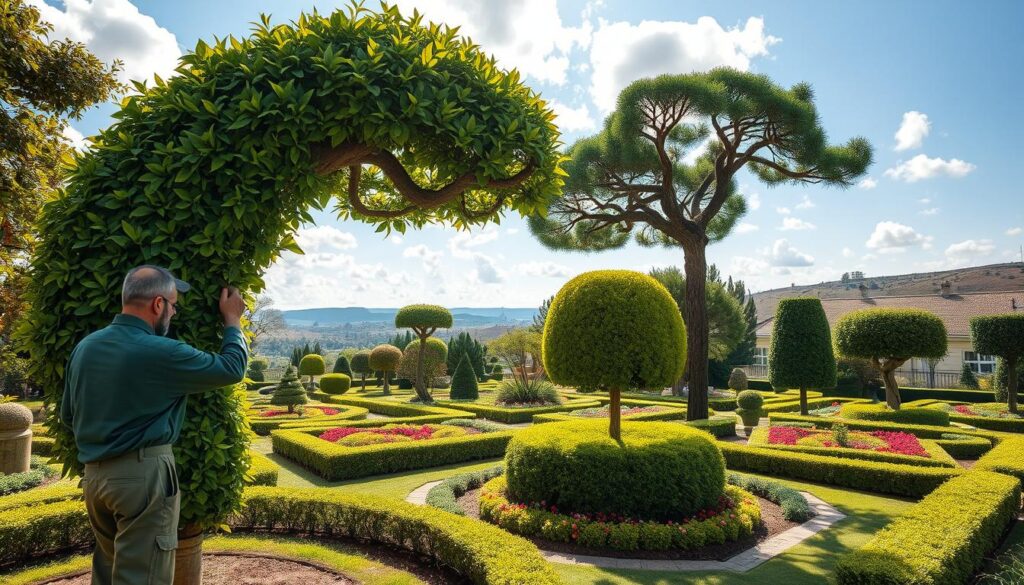 A beautifully manicured Centurion garden featuring ornamental tree shaping techniques, showcasing a variety of artistic tree forms, such as spiral topiary and arching canopies. In the foreground, a skilled gardener in modest workwear is carefully pruning a sculptural tree, focusing on the intricate foliage and vibrant green leaves. The middle section displays diverse trees, meticulously shaped, with a blend of colorful flowers and well-kept hedges surrounding them. The background offers a glimpse of Centurion’s tranquil landscape, with gentle hills and a bright blue sky scattered with fluffy clouds. Soft afternoon sunlight filters through the foliage, casting dappled shadows on the ground, creating a serene and inviting atmosphere perfect for garden art. Capture this radiant moment with a wide-angle view that emphasizes both the artistry of the trees and the beauty of the garden setting. A beautifully manicured Centurion garden featuring ornamental tree shaping techniques, showcasing a variety of artistic tree forms, such as spiral topiary and arching canopies. In the foreground, a skilled gardener in modest workwear is carefully pruning a sculptural tree, focusing on the intricate foliage and vibrant green leaves. The middle section displays diverse trees, meticulously shaped, with a blend of colorful flowers and well-kept hedges surrounding them. The background offers a glimpse of Centurion’s tranquil landscape, with gentle hills and a bright blue sky scattered with fluffy clouds. Soft afternoon sunlight filters through the foliage, casting dappled shadows on the ground, creating a serene and inviting atmosphere perfect for garden art. Capture this radiant moment with a wide-angle view that emphasizes both the artistry of the trees and the beauty of the garden setting.