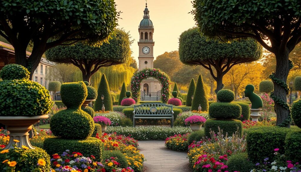 A beautifully styled garden showcasing landmark-focused design elements in a serene, urban setting. In the foreground, intricate topiary trees shaped into elegant sculptures create a sense of artistry, while colorful perennials and seasonal flowers add vibrant splashes of color. The middle ground features an ornate stone bench under a flowering archway, inviting contemplation. In the background, a prominent historical landmark, such as a classic clock tower or a grand gazebo, stands tall, surrounded by lush greenery. Soft golden hour lighting enhances the scene with warm tones, casting gentle shadows that emphasize the garden's textures. Capture this from a slightly elevated angle, creating depth while highlighting the harmonious blend of nature and architecture, evoking a peaceful and inspiring atmosphere. A beautifully styled garden showcasing landmark-focused design elements in a serene, urban setting. In the foreground, intricate topiary trees shaped into elegant sculptures create a sense of artistry, while colorful perennials and seasonal flowers add vibrant splashes of color. The middle ground features an ornate stone bench under a flowering archway, inviting contemplation. In the background, a prominent historical landmark, such as a classic clock tower or a grand gazebo, stands tall, surrounded by lush greenery. Soft golden hour lighting enhances the scene with warm tones, casting gentle shadows that emphasize the garden's textures. Capture this from a slightly elevated angle, creating depth while highlighting the harmonious blend of nature and architecture, evoking a peaceful and inspiring atmosphere.