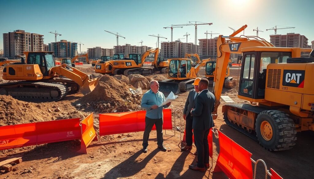 A bustling commercial site clearing scene in Centurion, showcasing heavy machinery such as bulldozers and excavators actively engaged in land preparation for development-ready commercial property. In the foreground, workers in professional business attire assess the site, discussing plans with blueprints in hand. The middle ground features large piles of earth and debris being moved, surrounded by bright orange construction safety barriers. The background reveals a clear blue sky, with a mix of newly constructed buildings and cranes indicating ongoing development. The sun casts a warm glow, highlighting the industrious atmosphere and emphasizing clarity and focus, capturing the transformative process of site clearing. The angle is slightly elevated, providing a panoramic view for a comprehensive perspective. A bustling commercial site clearing scene in Centurion, showcasing heavy machinery such as bulldozers and excavators actively engaged in land preparation for development-ready commercial property. In the foreground, workers in professional business attire assess the site, discussing plans with blueprints in hand. The middle ground features large piles of earth and debris being moved, surrounded by bright orange construction safety barriers. The background reveals a clear blue sky, with a mix of newly constructed buildings and cranes indicating ongoing development. The sun casts a warm glow, highlighting the industrious atmosphere and emphasizing clarity and focus, capturing the transformative process of site clearing. The angle is slightly elevated, providing a panoramic view for a comprehensive perspective.