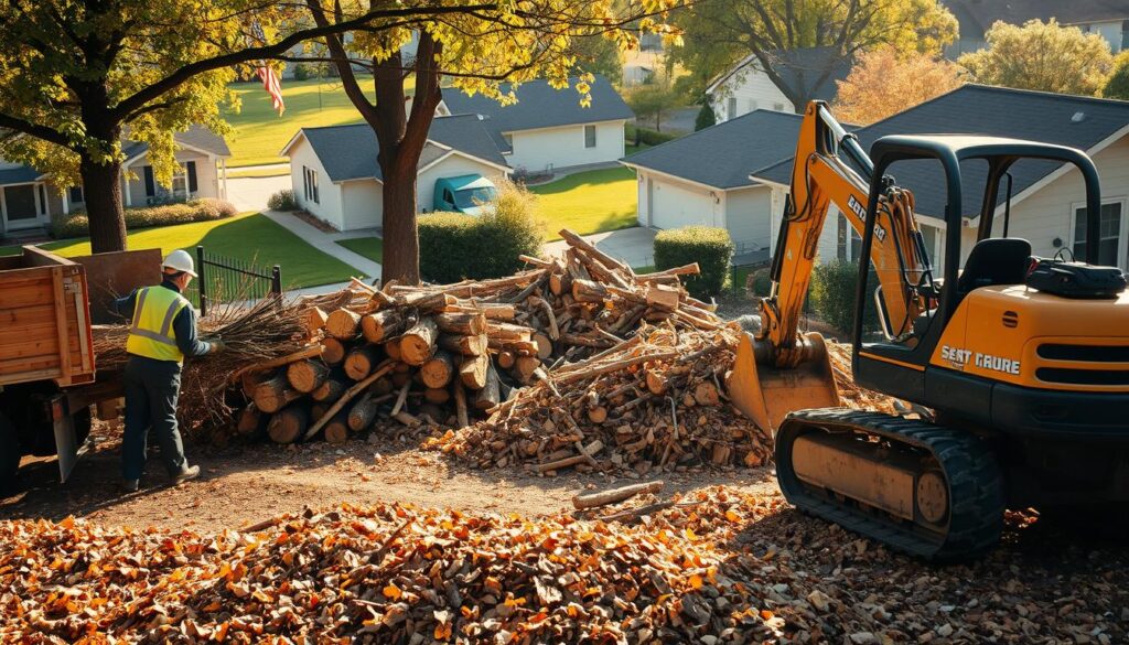 A bustling scene of waste removal after tree felling, showcasing workers in professional attire efficiently clearing debris. In the foreground, a worker carefully loads branches and logs into a truck, surrounded by scattered wood chips and leaves. The middle ground displays a large pile of cut tree trunks, while a compact excavator is engaged in picking up smaller debris. In the background, a suburban neighborhood with green lawns and modest homes sets the scene, bathed in warm, afternoon sunlight that casts soft shadows. The atmosphere feels industrious yet organized, illustrating the importance of responsible waste management in tree removal. The image should capture the essence of teamwork and environmental care, with a focus on the task at hand. A bustling scene of waste removal after tree felling, showcasing workers in professional attire efficiently clearing debris. In the foreground, a worker carefully loads branches and logs into a truck, surrounded by scattered wood chips and leaves. The middle ground displays a large pile of cut tree trunks, while a compact excavator is engaged in picking up smaller debris. In the background, a suburban neighborhood with green lawns and modest homes sets the scene, bathed in warm, afternoon sunlight that casts soft shadows. The atmosphere feels industrious yet organized, illustrating the importance of responsible waste management in tree removal. The image should capture the essence of teamwork and environmental care, with a focus on the task at hand.