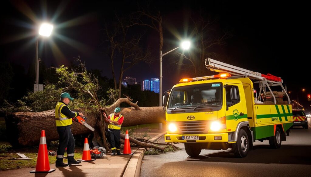 A busy emergency tree service operation at night in Centurion, showcasing a bright yellow and green service truck parked alongside a key route, illuminated by two powerful floodlights. In the foreground, a uniformed technician operates a chainsaw, expertly trimming a fallen tree branch, while another technician holds a safety cone to divert traffic. The middle ground features a partially uprooted tree, with safety equipment strewn around, and a glowing city street in the background, hinting at Centurion's recognizable landmarks. The atmosphere is tense yet professional, capturing the urgency of emergency tree removal, with dramatic contrasts created by the spotlights against the dark sky. The scene is framed with a wide-angle lens to emphasize the scale of the operation. A busy emergency tree service operation at night in Centurion, showcasing a bright yellow and green service truck parked alongside a key route, illuminated by two powerful floodlights. In the foreground, a uniformed technician operates a chainsaw, expertly trimming a fallen tree branch, while another technician holds a safety cone to divert traffic. The middle ground features a partially uprooted tree, with safety equipment strewn around, and a glowing city street in the background, hinting at Centurion's recognizable landmarks. The atmosphere is tense yet professional, capturing the urgency of emergency tree removal, with dramatic contrasts created by the spotlights against the dark sky. The scene is framed with a wide-angle lens to emphasize the scale of the operation.