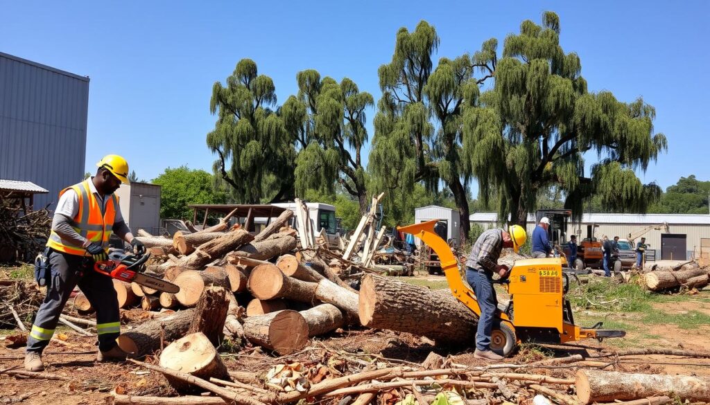 A busy scene of commercial tree felling in Zwartkop, Centurion, showcasing a professional crew at work. In the foreground, two workers in safety gear and professional attire are operating a chainsaw and a wood chipper, surrounded by freshly cut tree trunks and scattered branches. In the middle ground, several tall eucalyptus trees are partially felled, with a backdrop of industrial buildings and machinery. The background features a clear blue sky, adding to the industrial atmosphere. The lighting is bright and natural, illuminating the scene to emphasize the operational efficiency. The image conveys a sense of professionalism and teamwork, reflecting the industrial nature of the tree felling process in a business context. A busy scene of commercial tree felling in Zwartkop, Centurion, showcasing a professional crew at work. In the foreground, two workers in safety gear and professional attire are operating a chainsaw and a wood chipper, surrounded by freshly cut tree trunks and scattered branches. In the middle ground, several tall eucalyptus trees are partially felled, with a backdrop of industrial buildings and machinery. The background features a clear blue sky, adding to the industrial atmosphere. The lighting is bright and natural, illuminating the scene to emphasize the operational efficiency. The image conveys a sense of professionalism and teamwork, reflecting the industrial nature of the tree felling process in a business context.