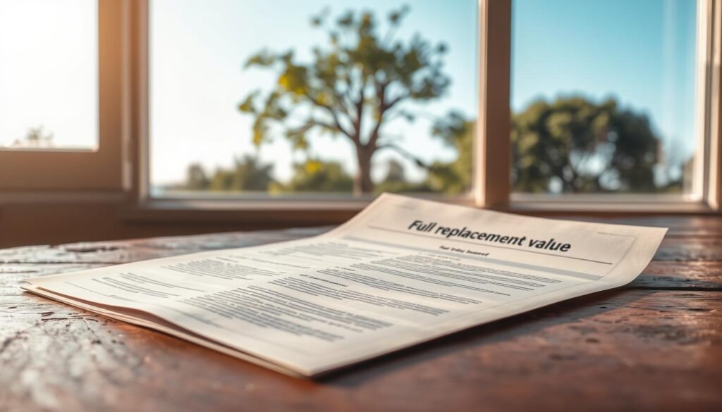 A carefully arranged scene depicting the concept of "full replacement value" in the context of tree felling insurance. In the foreground, a detailed insurance document lies open on a rustic wooden table, highlighted by warm, soft natural light coming from a nearby window. The middle layer features a healthy, well-maintained tree outside the window, with a small portion of the tree's branches visible, emphasizing its value. In the background, a clear blue sky can be seen, symbolizing stability and assurance. The atmosphere should convey a sense of clarity and understanding, with a gentle, reassuring vibe, ideal for a professional setting. The shot is taken from a slightly elevated angle, providing depth to the composition while keeping the focus on the document and the tree. A carefully arranged scene depicting the concept of "full replacement value" in the context of tree felling insurance. In the foreground, a detailed insurance document lies open on a rustic wooden table, highlighted by warm, soft natural light coming from a nearby window. The middle layer features a healthy, well-maintained tree outside the window, with a small portion of the tree's branches visible, emphasizing its value. In the background, a clear blue sky can be seen, symbolizing stability and assurance. The atmosphere should convey a sense of clarity and understanding, with a gentle, reassuring vibe, ideal for a professional setting. The shot is taken from a slightly elevated angle, providing depth to the composition while keeping the focus on the document and the tree.