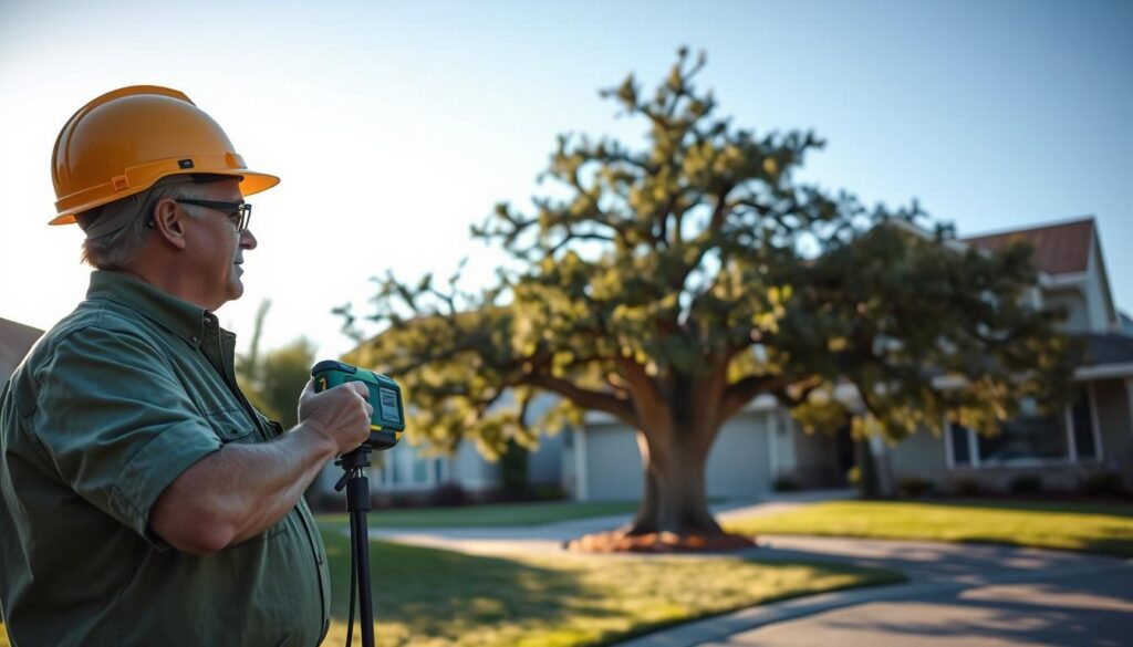 A certified arborist assessing a large tree blocking a residential driveway. In the foreground, the arborist, a middle-aged professional wearing a green work shirt and safety helmet, is inspecting the tree with a laser measuring device. In the middle ground, the tree is depicted with a thick trunk and sprawling branches, partially obstructing a cozy suburban driveway. In the background, a modern suburban house with a neatly manicured lawn can be seen under a clear blue sky, casting soft, dappled sunlight. The atmosphere is calm and focused, emphasizing professionalism and expertise. The composition is framed in a slight diagonal angle, showcasing both the arborist and the tree prominently, evoking a sense of proactive problem-solving. A certified arborist assessing a large tree blocking a residential driveway. In the foreground, the arborist, a middle-aged professional wearing a green work shirt and safety helmet, is inspecting the tree with a laser measuring device. In the middle ground, the tree is depicted with a thick trunk and sprawling branches, partially obstructing a cozy suburban driveway. In the background, a modern suburban house with a neatly manicured lawn can be seen under a clear blue sky, casting soft, dappled sunlight. The atmosphere is calm and focused, emphasizing professionalism and expertise. The composition is framed in a slight diagonal angle, showcasing both the arborist and the tree prominently, evoking a sense of proactive problem-solving.