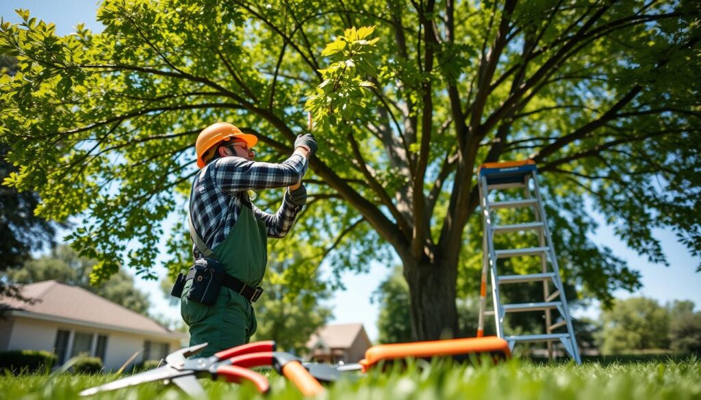 A certified arborist in professional attire, wearing a hard hat and safety glasses, is skillfully pruning a large, healthy tree in a suburban yard. The foreground features carefully arranged tools and equipment for tree maintenance, such as pruning shears and a ladder. In the middle ground, the tree stands tall with lush green leaves, and the arborist is actively engaged in the task of cutting excess branches, showcasing expertise and care. The background includes a clear blue sky, sunlight filtering through the leaves, casting dappled shadows on the grass below. The overall mood is one of diligence and professionalism, emphasizing the importance of tree health and safety in the environment. The scene is well-lit, enhancing the vibrant colors of nature and the tools, capturing a sense of calm and purposeful activity. A certified arborist in professional attire, wearing a hard hat and safety glasses, is skillfully pruning a large, healthy tree in a suburban yard. The foreground features carefully arranged tools and equipment for tree maintenance, such as pruning shears and a ladder. In the middle ground, the tree stands tall with lush green leaves, and the arborist is actively engaged in the task of cutting excess branches, showcasing expertise and care. The background includes a clear blue sky, sunlight filtering through the leaves, casting dappled shadows on the grass below. The overall mood is one of diligence and professionalism, emphasizing the importance of tree health and safety in the environment. The scene is well-lit, enhancing the vibrant colors of nature and the tools, capturing a sense of calm and purposeful activity.