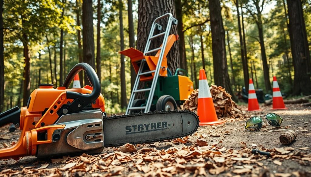 A clear and detailed scene showcasing specialist equipment for safe tree work in the context of fallen tree removal. In the foreground, feature a sturdy chainsaw with a bright safety orange handle, alongside a pair of protective goggles and heavy-duty work gloves. In the middle ground, display a high-capacity wood chipper, with fresh wood chips scattered around. A robust ladder leans against an upright tree trunk, and nearby, a bright safety cone marks the work area. The background features a lush forest with sunlight filtering through the leaves, creating a warm, inviting atmosphere. Capture the scene from a slightly low angle to emphasize the equipment's importance, with natural soft lighting to enhance the colors and textures. The overall mood should convey professionalism and efficiency in safety during tree removal. A clear and detailed scene showcasing specialist equipment for safe tree work in the context of fallen tree removal. In the foreground, feature a sturdy chainsaw with a bright safety orange handle, alongside a pair of protective goggles and heavy-duty work gloves. In the middle ground, display a high-capacity wood chipper, with fresh wood chips scattered around. A robust ladder leans against an upright tree trunk, and nearby, a bright safety cone marks the work area. The background features a lush forest with sunlight filtering through the leaves, creating a warm, inviting atmosphere. Capture the scene from a slightly low angle to emphasize the equipment's importance, with natural soft lighting to enhance the colors and textures. The overall mood should convey professionalism and efficiency in safety during tree removal.