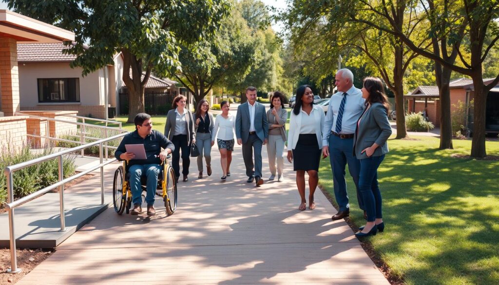 A clear, inviting scene depicting the concept of accessibility in a suburban setting of Centurion. In the foreground, a well-maintained path leads to a residential home, showcasing wheelchair ramps and accessible features. The middle ground features a diverse group of individuals, including a person in a wheelchair and families of various backgrounds, all dressed in professional business attire, engaging with one another in a friendly manner. In the background, lush trees and local landscaping create a warm atmosphere, while gentle sunlight filters through the leaves, casting soft shadows. The angle is slightly elevated, providing a wider perspective of the area, emphasizing community accessibility. The overall mood is inclusive and harmonious, reflecting a welcoming environment for all residents. A clear, inviting scene depicting the concept of accessibility in a suburban setting of Centurion. In the foreground, a well-maintained path leads to a residential home, showcasing wheelchair ramps and accessible features. The middle ground features a diverse group of individuals, including a person in a wheelchair and families of various backgrounds, all dressed in professional business attire, engaging with one another in a friendly manner. In the background, lush trees and local landscaping create a warm atmosphere, while gentle sunlight filters through the leaves, casting soft shadows. The angle is slightly elevated, providing a wider perspective of the area, emphasizing community accessibility. The overall mood is inclusive and harmonious, reflecting a welcoming environment for all residents.