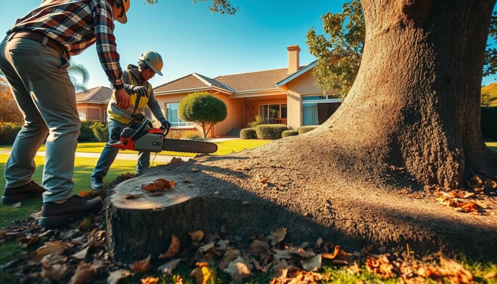 A clear view of a tree felling service in action, set in a suburban area in Centurion. In the foreground, a team of two professional workers in casual work attire, wearing helmets and safety gear, is using a chainsaw to cut a large tree. In the middle ground, the tree lies partially down, showcasing fresh-cut wood and scattered leaves. The background features a typical Centurion home, with a well-maintained garden and a bright blue sky. The scene is illuminated by warm sunlight, creating a vibrant and energetic atmosphere, while casting soft shadows on the ground. The angle captures both the workers' actions and the residential environment, emphasizing the topic of tree felling prices and their influence on property aesthetics. A clear view of a tree felling service in action, set in a suburban area in Centurion. In the foreground, a team of two professional workers in casual work attire, wearing helmets and safety gear, is using a chainsaw to cut a large tree. In the middle ground, the tree lies partially down, showcasing fresh-cut wood and scattered leaves. The background features a typical Centurion home, with a well-maintained garden and a bright blue sky. The scene is illuminated by warm sunlight, creating a vibrant and energetic atmosphere, while casting soft shadows on the ground. The angle captures both the workers' actions and the residential environment, emphasizing the topic of tree felling prices and their influence on property aesthetics.