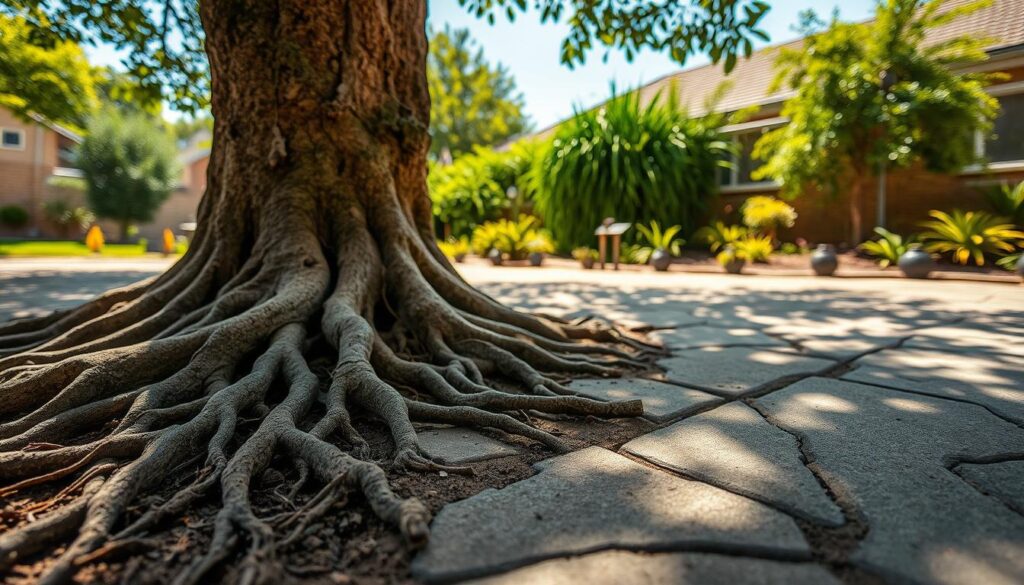 A close-up of an intricate network of tree roots visibly lifting the paving stones in a suburban garden in Centurion. In the foreground, detailed and textured roots emerge from the soil, curling and intertwining beneath the uneven paving slabs. The middle ground features cracked and displaced paving stones, showcasing the impact of the roots. In the background, a well-manicured garden with vibrant green plants and a clear blue sky brings a sense of tranquility. Natural sunlight dapples through the leaves, creating soft shadows on the ground, enhancing the organic feel. The overall atmosphere conveys a blend of natural beauty and the unintended consequences of nature's growth, emphasizing the need for repair. A close-up of an intricate network of tree roots visibly lifting the paving stones in a suburban garden in Centurion. In the foreground, detailed and textured roots emerge from the soil, curling and intertwining beneath the uneven paving slabs. The middle ground features cracked and displaced paving stones, showcasing the impact of the roots. In the background, a well-manicured garden with vibrant green plants and a clear blue sky brings a sense of tranquility. Natural sunlight dapples through the leaves, creating soft shadows on the ground, enhancing the organic feel. The overall atmosphere conveys a blend of natural beauty and the unintended consequences of nature's growth, emphasizing the need for repair.