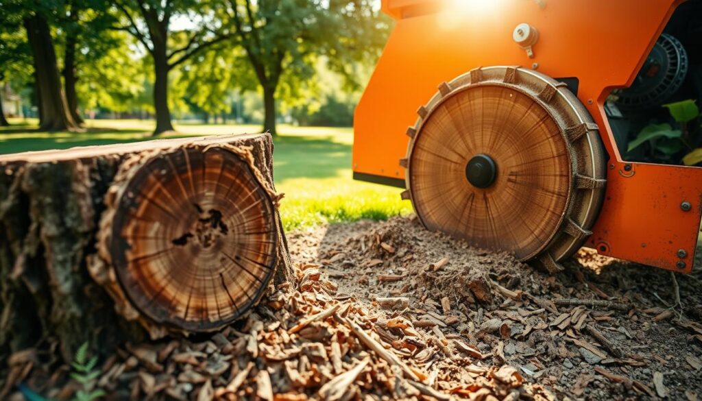 A close-up scene of a stump grinding machine at work, showcasing the sharp steel teeth of the grinder actively cutting through the remains of a tree stump. In the foreground, a vibrant orange and black machine is prominently positioned, surrounded by wood chips and debris. The middle ground features a partially ground stump, its rough texture and growth rings visible, emphasizing the grinding process. In the background, a lush green lawn and trees create a serene contrast, with soft sunlight filtering through the foliage, casting dappled shadows on the ground. The atmosphere is industrious yet natural, capturing the essence of a professional stump grinding operation. Shot from a low angle to emphasize the machine’s power and efficiency, highlighting its role in landscape maintenance. A close-up scene of a stump grinding machine at work, showcasing the sharp steel teeth of the grinder actively cutting through the remains of a tree stump. In the foreground, a vibrant orange and black machine is prominently positioned, surrounded by wood chips and debris. The middle ground features a partially ground stump, its rough texture and growth rings visible, emphasizing the grinding process. In the background, a lush green lawn and trees create a serene contrast, with soft sunlight filtering through the foliage, casting dappled shadows on the ground. The atmosphere is industrious yet natural, capturing the essence of a professional stump grinding operation. Shot from a low angle to emphasize the machine’s power and efficiency, highlighting its role in landscape maintenance.