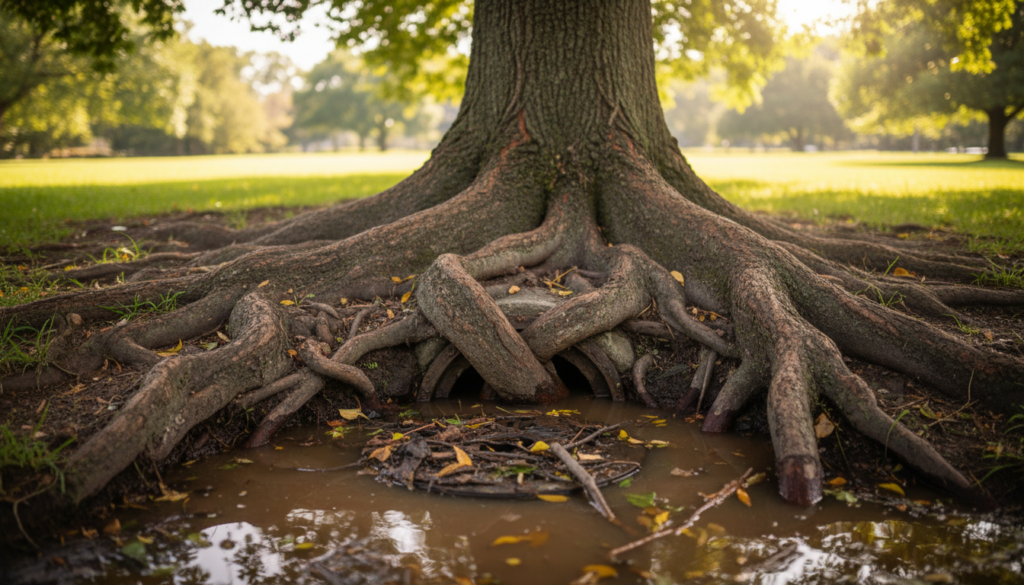 A close-up view of a blocked drain at the base of a tree, with visible tree roots wrapped around the pipes creating a backup. In the foreground, the drain is partially submerged in muddy water, showcasing debris and small twigs. The middle ground features thick, gnarled tree roots entangled within the drain, highlighting the destructive power of nature on urban infrastructure. In the background, a lush green lawn under dappled sunlight filters through the tree leaves, creating a feeling of serenity contrasted with the urgency of the blocked drainage issue. The scene is captured in natural daylight, with a focus on sharp details to emphasize the textures of the roots and water, evoking a sense of urgency and the need for immediate action to resolve the blockage. A close-up view of a blocked drain at the base of a tree, with visible tree roots wrapped around the pipes creating a backup. In the foreground, the drain is partially submerged in muddy water, showcasing debris and small twigs. The middle ground features thick, gnarled tree roots entangled within the drain, highlighting the destructive power of nature on urban infrastructure. In the background, a lush green lawn under dappled sunlight filters through the tree leaves, creating a feeling of serenity contrasted with the urgency of the blocked drainage issue. The scene is captured in natural daylight, with a focus on sharp details to emphasize the textures of the roots and water, evoking a sense of urgency and the need for immediate action to resolve the blockage.