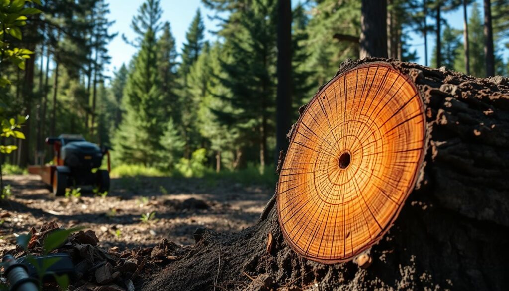 A close-up view of a freshly cut tree stump, showcasing its rough, textured surface with visible rings and bark remnants. In the foreground, include small piles of wood chips and tools commonly used for stump grinding, such as a stump grinder partially obscured by foliage. In the middle ground, depict a variety of surrounding trees in a mixed forest setting, capturing a range of vibrant greens and earthy tones. In the background, hint at a clear blue sky to create a bright and inviting atmosphere. Illuminate the scene with soft, natural light to enhance the textures of the stump and create subtle shadows. The mood should be calm and reflective, emphasizing the process of stump removal and its impact on the landscape. A close-up view of a freshly cut tree stump, showcasing its rough, textured surface with visible rings and bark remnants. In the foreground, include small piles of wood chips and tools commonly used for stump grinding, such as a stump grinder partially obscured by foliage. In the middle ground, depict a variety of surrounding trees in a mixed forest setting, capturing a range of vibrant greens and earthy tones. In the background, hint at a clear blue sky to create a bright and inviting atmosphere. Illuminate the scene with soft, natural light to enhance the textures of the stump and create subtle shadows. The mood should be calm and reflective, emphasizing the process of stump removal and its impact on the landscape.
