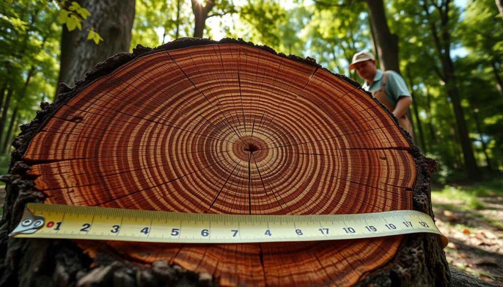 A close-up view of a large tree stump in an outdoor setting, showcasing its diameter and texture for a detailed analysis. The forefront features a measuring tape laid along the circumference, highlighting the stump size measurement. In the middle ground, a partially cut stump reveals concentric rings, with a professional arborist in modest work attire examining it closely. Soft, natural lighting filters through the leaves overhead, creating a serene yet informative atmosphere. The background consists of a vibrant green forest, emphasizing the connection to nature. The angle captures both the stump's grandeur and the precise measurement, illustrating the relationship between stump size and pricing. A close-up view of a large tree stump in an outdoor setting, showcasing its diameter and texture for a detailed analysis. The forefront features a measuring tape laid along the circumference, highlighting the stump size measurement. In the middle ground, a partially cut stump reveals concentric rings, with a professional arborist in modest work attire examining it closely. Soft, natural lighting filters through the leaves overhead, creating a serene yet informative atmosphere. The background consists of a vibrant green forest, emphasizing the connection to nature. The angle captures both the stump's grandeur and the precise measurement, illustrating the relationship between stump size and pricing.
