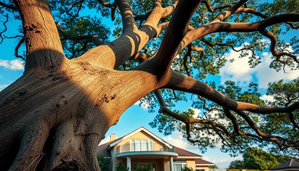 A close-up view of a large tree with exposed roots dangerously overhanging a suburban home in Centurion. The tree's thick trunk and sprawling branches are highlighted in the foreground, with visible signs of decay and loose bark, conveying a sense of risk. In the middle ground, the house, a modern single-family dwelling with a well-maintained garden, is positioned closely beneath the tree, emphasizing the potential danger. The background features a bright blue sky with soft, fluffy clouds, creating a contrast between nature and the human environment. The scene is illuminated by warm afternoon sunlight, casting gentle shadows and creating a slightly tense atmosphere, inviting viewers to consider the implications of trees planted too close to homes. A close-up view of a large tree with exposed roots dangerously overhanging a suburban home in Centurion. The tree's thick trunk and sprawling branches are highlighted in the foreground, with visible signs of decay and loose bark, conveying a sense of risk. In the middle ground, the house, a modern single-family dwelling with a well-maintained garden, is positioned closely beneath the tree, emphasizing the potential danger. The background features a bright blue sky with soft, fluffy clouds, creating a contrast between nature and the human environment. The scene is illuminated by warm afternoon sunlight, casting gentle shadows and creating a slightly tense atmosphere, inviting viewers to consider the implications of trees planted too close to homes.