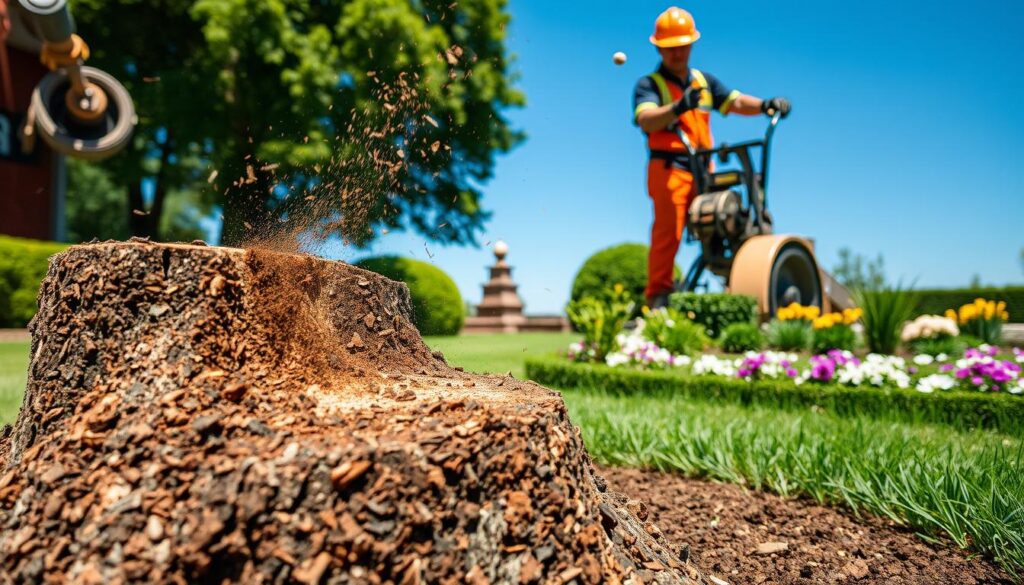 A close-up view of a professional landscaper using a stump grinder to remove a tree stump in a well-kept garden, showcasing the machinery in action. In the foreground, detailed textures of the stump being ground down are visible, with wood chips flying in the air. The landscaper, dressed in a safety helmet and bright work attire, operates the equipment focused on the task. In the middle ground, rich greens of freshly trimmed grass and flower beds frame the scene, emphasizing the care taken in maintaining the garden's aesthetics. In the background, a clear blue sky highlights the sunny day, enhancing the feeling of productivity and cleanliness. The overall atmosphere is one of efficiency and professionalism, conveying the essence of a clean, usable outdoor space. A close-up view of a professional landscaper using a stump grinder to remove a tree stump in a well-kept garden, showcasing the machinery in action. In the foreground, detailed textures of the stump being ground down are visible, with wood chips flying in the air. The landscaper, dressed in a safety helmet and bright work attire, operates the equipment focused on the task. In the middle ground, rich greens of freshly trimmed grass and flower beds frame the scene, emphasizing the care taken in maintaining the garden's aesthetics. In the background, a clear blue sky highlights the sunny day, enhancing the feeling of productivity and cleanliness. The overall atmosphere is one of efficiency and professionalism, conveying the essence of a clean, usable outdoor space.