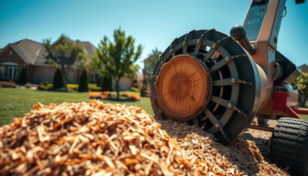 A close-up view of a professional stump grinding machine in action, focused on a large tree stump being ground down into fine wood chips. The foreground features the powerful grinding mechanism, showcasing its sharp blades and robust structure. In the middle ground, we see the stump, partially chipped away, surrounded by scattered wood shavings, emphasizing the process of removal. In the background, a well-maintained Centurion property is visible, with manicured lawns and trees, set under clear blue skies, suggesting a sunny day. The image is bright and vibrant, with natural lighting illuminating the scene, giving a sense of efficiency and low disruption. Capture this action from a slightly elevated angle to provide depth and context. A close-up view of a professional stump grinding machine in action, focused on a large tree stump being ground down into fine wood chips. The foreground features the powerful grinding mechanism, showcasing its sharp blades and robust structure. In the middle ground, we see the stump, partially chipped away, surrounded by scattered wood shavings, emphasizing the process of removal. In the background, a well-maintained Centurion property is visible, with manicured lawns and trees, set under clear blue skies, suggesting a sunny day. The image is bright and vibrant, with natural lighting illuminating the scene, giving a sense of efficiency and low disruption. Capture this action from a slightly elevated angle to provide depth and context.