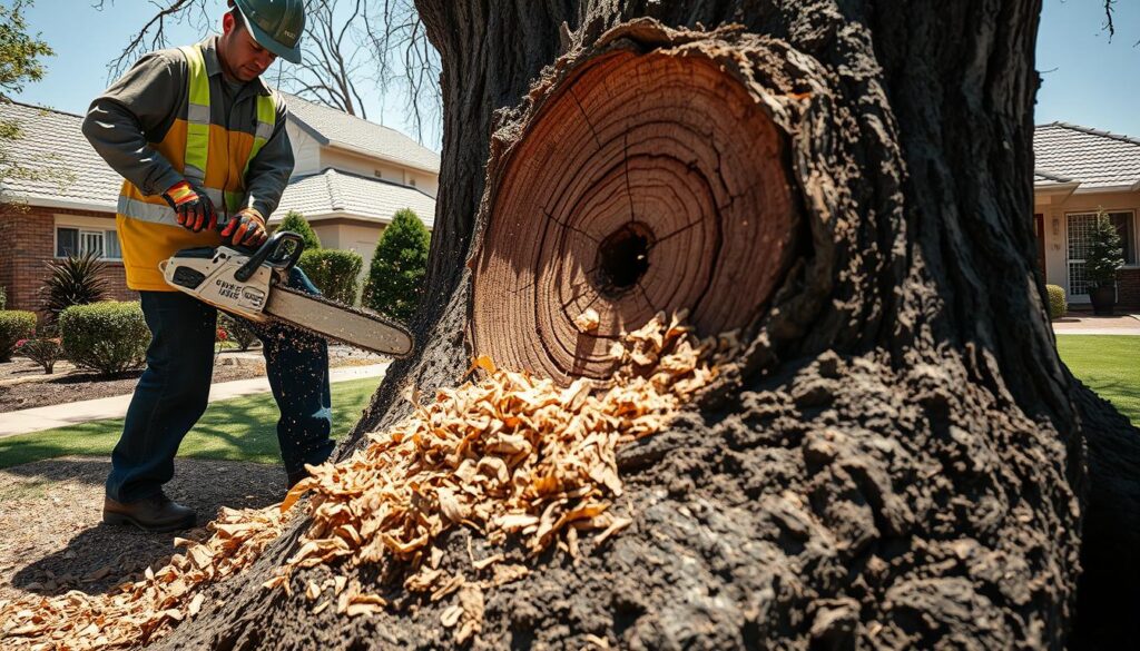 A close-up view of a residential property in Centurion, showcasing the moment of tree removal. In the foreground, a worker in professional attire is operating a chainsaw on a large tree, with wood chips flying around. The middle ground features a partially felled tree, revealing its intricate bark texture and tree rings, while the background includes a typical suburban home with well-kept gardens. The lighting is bright and midday, creating sharp shadows that emphasize the action of the tree removal. The atmosphere is focused and industrious, capturing the importance of tree maintenance in residential areas. The shot is taken from a slightly low angle for an impactful perspective. A close-up view of a residential property in Centurion, showcasing the moment of tree removal. In the foreground, a worker in professional attire is operating a chainsaw on a large tree, with wood chips flying around. The middle ground features a partially felled tree, revealing its intricate bark texture and tree rings, while the background includes a typical suburban home with well-kept gardens. The lighting is bright and midday, creating sharp shadows that emphasize the action of the tree removal. The atmosphere is focused and industrious, capturing the importance of tree maintenance in residential areas. The shot is taken from a slightly low angle for an impactful perspective.