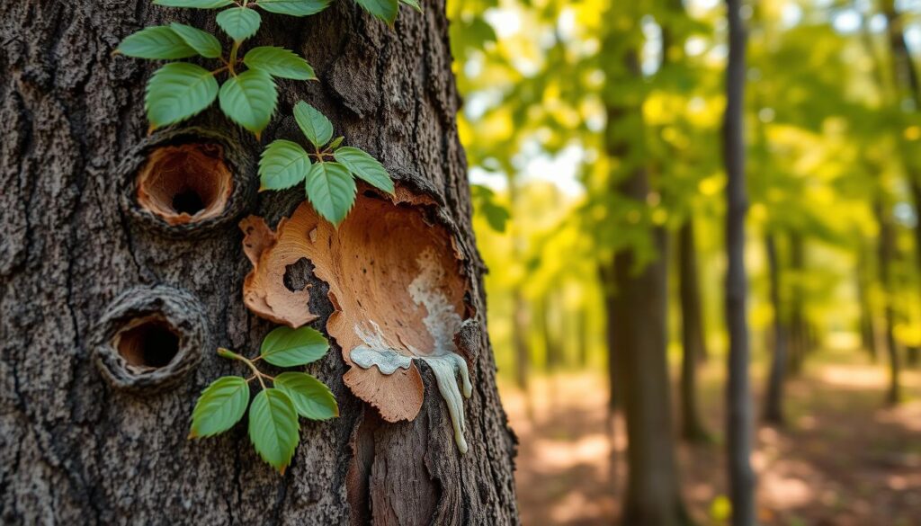 A close-up view of a tree affected by a Shot Hole Borer infestation, showcasing distinct signs of damage in vivid detail. The foreground features a textured, bark surface with noticeable round holes, peeling areas, and oozing sap where the borers have entered. In the middle ground, surrounding healthy green foliage contrasts with the distressed tree, emphasizing the impact of infestation. The background softly blurs into a forest scene, illuminated by warm, dappled sunlight filtering through the leaves, creating a serene atmosphere. Use a shallow depth of field to highlight the signs of damage and enhance visual clarity. Capture the essence of vulnerability and the need for responsible control, evoking a sense of urgency for conservation. A close-up view of a tree affected by a Shot Hole Borer infestation, showcasing distinct signs of damage in vivid detail. The foreground features a textured, bark surface with noticeable round holes, peeling areas, and oozing sap where the borers have entered. In the middle ground, surrounding healthy green foliage contrasts with the distressed tree, emphasizing the impact of infestation. The background softly blurs into a forest scene, illuminated by warm, dappled sunlight filtering through the leaves, creating a serene atmosphere. Use a shallow depth of field to highlight the signs of damage and enhance visual clarity. Capture the essence of vulnerability and the need for responsible control, evoking a sense of urgency for conservation.
