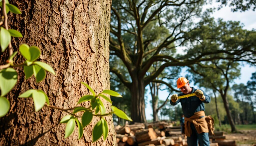 A close-up view of a vibrant, healthy tree with a thick trunk and expansive canopy, surrounded by freshly cut logs in a clear cutting area. In the foreground, focus on the intricate texture of the tree bark and some green leaves fluttering in a gentle breeze. In the middle ground, show a professional tree feller in a safety helmet and work gloves, measuring the tree's diameter with a tape measure, demonstrating precision. In the background, include distant trees and a blue sky, framing the scene with natural light filtering through the canopy, creating a warm, inviting atmosphere. The composition should evoke a sense of professionalism and attention to detail, highlighting the importance of accurate measurements for tree felling quotes. A close-up view of a vibrant, healthy tree with a thick trunk and expansive canopy, surrounded by freshly cut logs in a clear cutting area. In the foreground, focus on the intricate texture of the tree bark and some green leaves fluttering in a gentle breeze. In the middle ground, show a professional tree feller in a safety helmet and work gloves, measuring the tree's diameter with a tape measure, demonstrating precision. In the background, include distant trees and a blue sky, framing the scene with natural light filtering through the canopy, creating a warm, inviting atmosphere. The composition should evoke a sense of professionalism and attention to detail, highlighting the importance of accurate measurements for tree felling quotes.