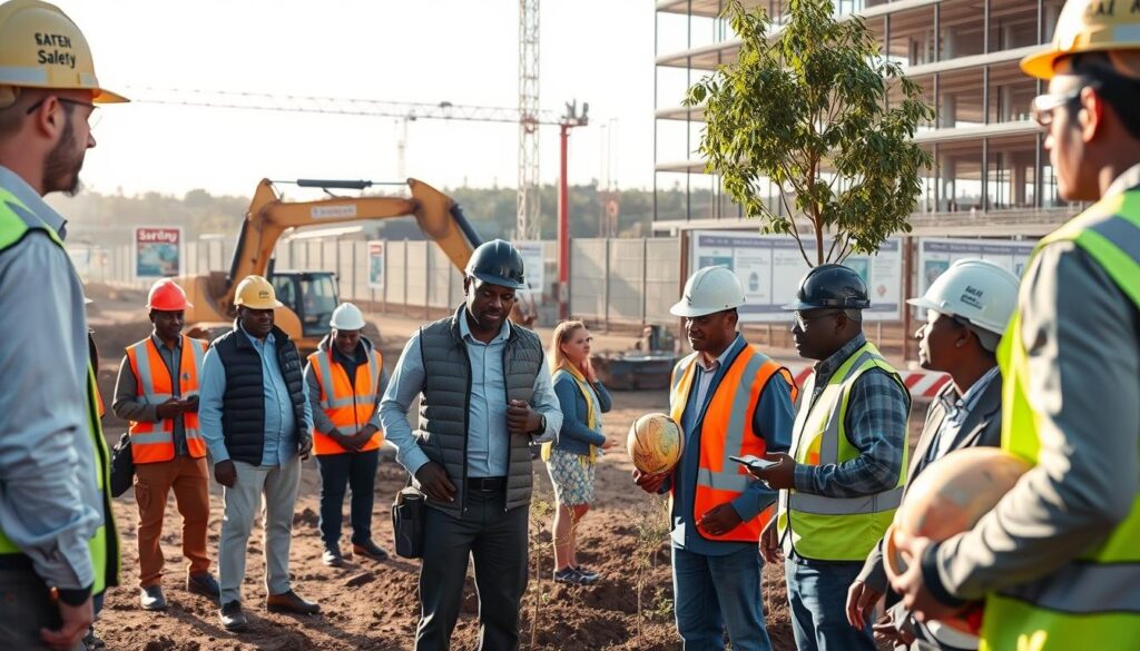 A construction site in Centurion demonstrating a commitment to safety and environmental care. In the foreground, a diverse group of workers in professional construction attire is examining safety protocols, some holding safety helmets and tools. In the middle ground, a machinery operator is skillfully managing an excavator, while another worker is planting trees, symbolizing environmental care. The background features a well-organized construction site with clear signage indicating safety measures and marked pathways. The scene is illuminated by soft, natural daylight, creating a calm yet industrious atmosphere. The lens focuses on capturing both the human element and the structured site environment, with a slightly elevated perspective to showcase the overall layout and safety compliance. A construction site in Centurion demonstrating a commitment to safety and environmental care. In the foreground, a diverse group of workers in professional construction attire is examining safety protocols, some holding safety helmets and tools. In the middle ground, a machinery operator is skillfully managing an excavator, while another worker is planting trees, symbolizing environmental care. The background features a well-organized construction site with clear signage indicating safety measures and marked pathways. The scene is illuminated by soft, natural daylight, creating a calm yet industrious atmosphere. The lens focuses on capturing both the human element and the structured site environment, with a slightly elevated perspective to showcase the overall layout and safety compliance.
