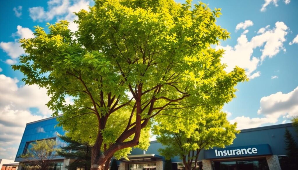 A cover tree, gracefully arching over a well-maintained insurance office front, dominates the foreground, its lush, green canopy providing a sense of protection and security. In the middle ground, a modern glass building reflects the vibrant foliage, symbolizing the relationship between nature and urban life. The background features a bright blue sky scattered with soft, fluffy clouds, enhancing the tranquil atmosphere. The lighting is warm, suggesting a sunny day, with light filtering through the leaves, casting gentle shadows on the ground. The image has a serene and professional mood, emphasizing the importance of protection and coverage in a safe environment, capturing the essence of insurance and nature in harmony. A cover tree, gracefully arching over a well-maintained insurance office front, dominates the foreground, its lush, green canopy providing a sense of protection and security. In the middle ground, a modern glass building reflects the vibrant foliage, symbolizing the relationship between nature and urban life. The background features a bright blue sky scattered with soft, fluffy clouds, enhancing the tranquil atmosphere. The lighting is warm, suggesting a sunny day, with light filtering through the leaves, casting gentle shadows on the ground. The image has a serene and professional mood, emphasizing the importance of protection and coverage in a safe environment, capturing the essence of insurance and nature in harmony.