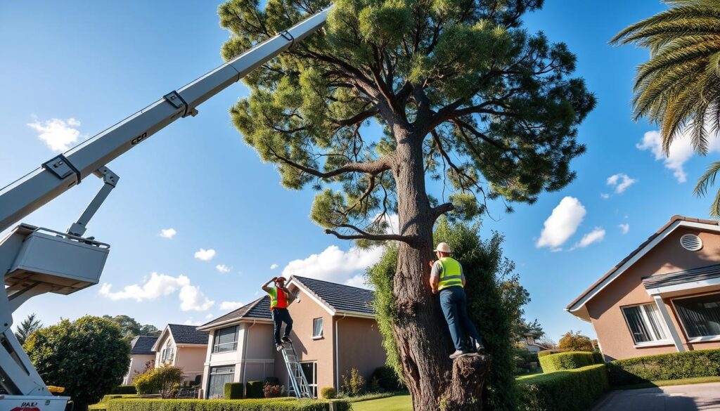 A crane-assisted tree removal service operating in a residential area in Centurion. In the foreground, a large, modern crane extends its arm upward, delicately lifting tree branches from a tall eucalyptus tree, showcasing professional tree surgeons in high-visibility work attire focused on their task. The middle ground features a well-maintained suburban home with green lawns and neatly trimmed hedges, emphasizing the community aspect. In the background, a clear blue sky with a few fluffy clouds illustrates a bright, sunny day, enhancing the overall mood of diligence and professionalism. The image should be captured with a wide-angle lens, providing a comprehensive view, and soft natural lighting to convey a sense of safety and skill in the tree removal process. The atmosphere is one of teamwork and efficiency. A crane-assisted tree removal service operating in a residential area in Centurion. In the foreground, a large, modern crane extends its arm upward, delicately lifting tree branches from a tall eucalyptus tree, showcasing professional tree surgeons in high-visibility work attire focused on their task. The middle ground features a well-maintained suburban home with green lawns and neatly trimmed hedges, emphasizing the community aspect. In the background, a clear blue sky with a few fluffy clouds illustrates a bright, sunny day, enhancing the overall mood of diligence and professionalism. The image should be captured with a wide-angle lens, providing a comprehensive view, and soft natural lighting to convey a sense of safety and skill in the tree removal process. The atmosphere is one of teamwork and efficiency.