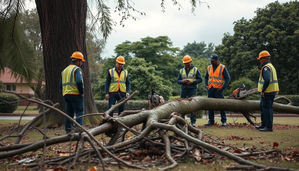 A dedicated emergency response team in Centurion, South Africa, is actively assessing storm-damaged trees in a residential park. In the foreground, a diverse team of four professionals dressed in smart uniforms, including safety vests and helmets, examines a fallen tree, equipped with tools like a chainsaw and a first aid kit. The middle ground features the broken branches and debris strewn around, highlighting the impact of the storm. In the background, the lush greenery of Wierda Park is partially visible, with overcast skies that hint at recent rain, casting a dim, somber light over the scene. The overall mood is one of urgency and professionalism, reflecting the team’s commitment to restoring safety in the community. A dedicated emergency response team in Centurion, South Africa, is actively assessing storm-damaged trees in a residential park. In the foreground, a diverse team of four professionals dressed in smart uniforms, including safety vests and helmets, examines a fallen tree, equipped with tools like a chainsaw and a first aid kit. The middle ground features the broken branches and debris strewn around, highlighting the impact of the storm. In the background, the lush greenery of Wierda Park is partially visible, with overcast skies that hint at recent rain, casting a dim, somber light over the scene. The overall mood is one of urgency and professionalism, reflecting the team’s commitment to restoring safety in the community.