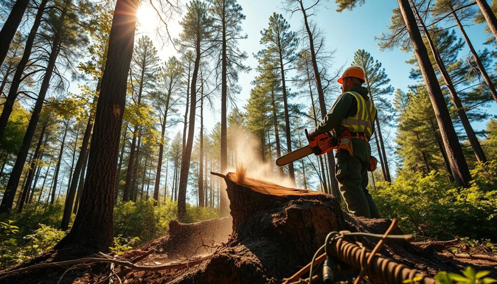 A dense forest setting during a bright, sunny day, showcasing emergency tree felling. In the foreground, a skilled arborist in a hard hat and safety gear operates a chainsaw, actively cutting a large tree trunk. The middle ground features fallen branches and a partially cut tree, with sawdust flying in the air, depicting a sense of urgency and action. In the background, other trees stand tall, bathed in warm sunlight filtering through the leaves. The atmosphere is dynamic yet professional, illustrating a mix of urgency and expertise in tree removal. Capture the scene from a low angle for a dramatic effect, with vivid colors and sharp details, highlighting the tools and natural surroundings. A dense forest setting during a bright, sunny day, showcasing emergency tree felling. In the foreground, a skilled arborist in a hard hat and safety gear operates a chainsaw, actively cutting a large tree trunk. The middle ground features fallen branches and a partially cut tree, with sawdust flying in the air, depicting a sense of urgency and action. In the background, other trees stand tall, bathed in warm sunlight filtering through the leaves. The atmosphere is dynamic yet professional, illustrating a mix of urgency and expertise in tree removal. Capture the scene from a low angle for a dramatic effect, with vivid colors and sharp details, highlighting the tools and natural surroundings.