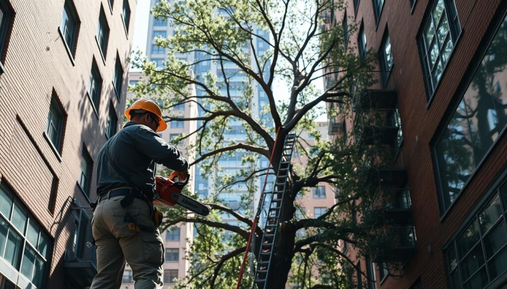 A dense urban setting showcases a skilled tree removal team in action, focusing on a large tree being felled in a confined space between two buildings. In the foreground, a professional arborist in modest work attire operates a chainsaw, while another worker stands by, ready to direct the fall of branches. In the middle ground, the tree's branches are partially removed, revealing the intricate process of careful cutting and rigging to avoid damage to nearby glass windows and brick walls. The background features a modern cityscape with other buildings. Bright, natural daylight illuminates the scene, casting long shadows, which adds depth. The atmosphere is tense yet meticulously managed, highlighting the complexity and precision required for safe tree felling in tight urban environments. A dense urban setting showcases a skilled tree removal team in action, focusing on a large tree being felled in a confined space between two buildings. In the foreground, a professional arborist in modest work attire operates a chainsaw, while another worker stands by, ready to direct the fall of branches. In the middle ground, the tree's branches are partially removed, revealing the intricate process of careful cutting and rigging to avoid damage to nearby glass windows and brick walls. The background features a modern cityscape with other buildings. Bright, natural daylight illuminates the scene, casting long shadows, which adds depth. The atmosphere is tense yet meticulously managed, highlighting the complexity and precision required for safe tree felling in tight urban environments.