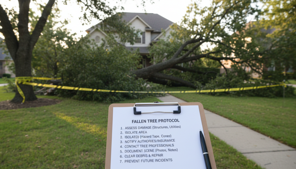 A detailed and organized safety checklist for property management, focusing on fallen tree situations. In the foreground, a clipboard with a neatly organized checklist featuring bullet points such as "Assess Damage," "Contact Professionals," and "Clear Surrounding Area." The middle ground features a fallen tree partially obstructing a well-kept lawn, with clearly marked hazard tape surrounding the area. In the background, a suburban home is visible, partially obscured by the tree branches. Natural lighting casts soft shadows, creating a tranquil but alert atmosphere. The angle is slightly elevated, capturing the scene from a vantage point that emphasizes both the checklist and the tree's impact on the property, conveying a sense of responsibility and preparedness. A detailed and organized safety checklist for property management, focusing on fallen tree situations. In the foreground, a clipboard with a neatly organized checklist featuring bullet points such as "Assess Damage," "Contact Professionals," and "Clear Surrounding Area." The middle ground features a fallen tree partially obstructing a well-kept lawn, with clearly marked hazard tape surrounding the area. In the background, a suburban home is visible, partially obscured by the tree branches. Natural lighting casts soft shadows, creating a tranquil but alert atmosphere. The angle is slightly elevated, capturing the scene from a vantage point that emphasizes both the checklist and the tree's impact on the property, conveying a sense of responsibility and preparedness.