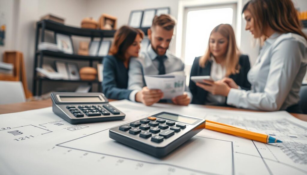 A detailed, close-up image illustrating the concept of a "per square metre quote" for site clearance. In the foreground, a calculator sits on a blueprint map showcasing a marked site area with 1m² measurements highlighted. Beside the calculator, a ruler and a pencil symbolize precision. In the middle ground, professional individuals in business attire analyze the plans, thoughtfully discussing details over a tablet displaying graphics and data. The background features a well-lit office environment with shelves filled with construction materials and diplomas, giving a sense of authority and expertise. Soft, natural lighting filters through a window, creating a welcoming atmosphere. The perspective should be slightly tilted for an engaging angle, emphasizing the collaboration and professionalism in calculating site clearance rates. A detailed, close-up image illustrating the concept of a "per square metre quote" for site clearance. In the foreground, a calculator sits on a blueprint map showcasing a marked site area with 1m² measurements highlighted. Beside the calculator, a ruler and a pencil symbolize precision. In the middle ground, professional individuals in business attire analyze the plans, thoughtfully discussing details over a tablet displaying graphics and data. The background features a well-lit office environment with shelves filled with construction materials and diplomas, giving a sense of authority and expertise. Soft, natural lighting filters through a window, creating a welcoming atmosphere. The perspective should be slightly tilted for an engaging angle, emphasizing the collaboration and professionalism in calculating site clearance rates.