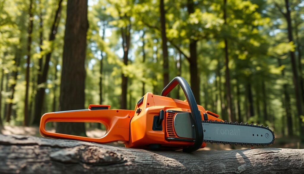 A detailed close-up of a high-quality chainsaw resting on a wooden log, showcasing its vibrant orange and black design with intricate mechanical details, positioned prominently in the foreground. The middle ground features a lush green forest, with a backdrop of tall, healthy trees, creating a sense of depth. Soft sunlight filters through the leaves, casting gentle shadows and illuminating the chainsaw, highlighting its sharp teeth and robust build. The atmosphere is calm yet focused, emphasizing the importance of safety in outdoor work. The image captures a serene moment before a tree-felling task, without any human subjects present, ensuring a clean and professional look conducive to a safety discussion. The overall composition is sharp, with a wide-angle lens effect, enhancing the clarity and detail of the chainsaw against the natural backdrop. A detailed close-up of a high-quality chainsaw resting on a wooden log, showcasing its vibrant orange and black design with intricate mechanical details, positioned prominently in the foreground. The middle ground features a lush green forest, with a backdrop of tall, healthy trees, creating a sense of depth. Soft sunlight filters through the leaves, casting gentle shadows and illuminating the chainsaw, highlighting its sharp teeth and robust build. The atmosphere is calm yet focused, emphasizing the importance of safety in outdoor work. The image captures a serene moment before a tree-felling task, without any human subjects present, ensuring a clean and professional look conducive to a safety discussion. The overall composition is sharp, with a wide-angle lens effect, enhancing the clarity and detail of the chainsaw against the natural backdrop.