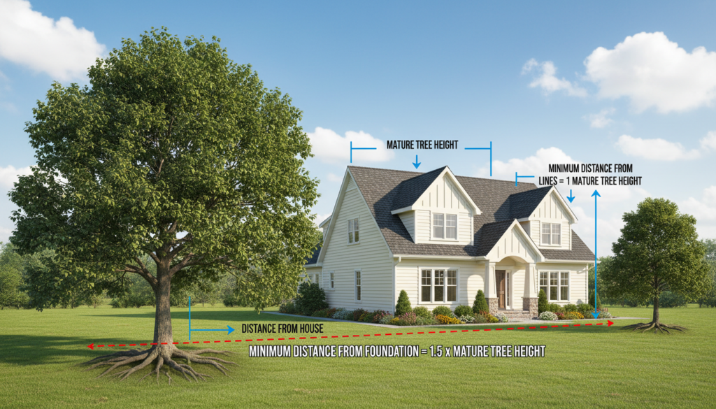 A detailed guideline illustration showcasing height distance measurements for trees relative to a residential house. In the foreground, a well-manicured lawn features a large tree with an extensive root system, illustrating its proximity to the house. The middle ground includes a charming, modest two-story house with a sloped roof, highlighting the distance guidelines marked with clearly visible lines and arrows. The background shows a sunny, blue sky with soft clouds to create an inviting atmosphere. The scene should be photorealistic, taken from a slightly elevated angle to provide a comprehensive view of the spatial relationship. The lighting should be bright and warm, reflecting a sunny day, ensuring a clear, professional tone suitable for educational purposes. A detailed guideline illustration showcasing height distance measurements for trees relative to a residential house. In the foreground, a well-manicured lawn features a large tree with an extensive root system, illustrating its proximity to the house. The middle ground includes a charming, modest two-story house with a sloped roof, highlighting the distance guidelines marked with clearly visible lines and arrows. The background shows a sunny, blue sky with soft clouds to create an inviting atmosphere. The scene should be photorealistic, taken from a slightly elevated angle to provide a comprehensive view of the spatial relationship. The lighting should be bright and warm, reflecting a sunny day, ensuring a clear, professional tone suitable for educational purposes.