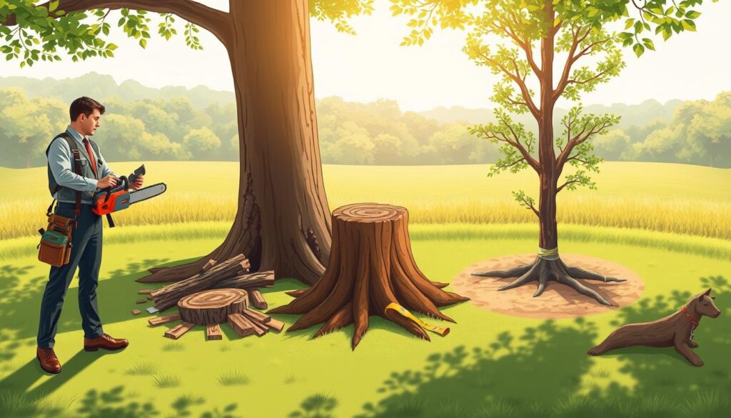 A detailed illustration depicting the contrast between tree removal and tree felling costs. In the foreground, a professional arborist in business attire analyzes a tree with equipment such as a chainsaw and a measuring tape, looking thoughtful. The middle ground features two sections: one side showcases a fallen tree stump with scattered wooden logs and debris, representing tree felling, while the other side displays a neatly removed tree with a freshly cleared area, symbolizing tree removal. The background includes a lush, green landscape under gentle, warm sunlight, enhancing the serene atmosphere. Capture the scene from a slightly elevated angle to emphasize the differences in costs and techniques, with soft shadows to create depth and focus on the contrasting activities. A detailed illustration depicting the contrast between tree removal and tree felling costs. In the foreground, a professional arborist in business attire analyzes a tree with equipment such as a chainsaw and a measuring tape, looking thoughtful. The middle ground features two sections: one side showcases a fallen tree stump with scattered wooden logs and debris, representing tree felling, while the other side displays a neatly removed tree with a freshly cleared area, symbolizing tree removal. The background includes a lush, green landscape under gentle, warm sunlight, enhancing the serene atmosphere. Capture the scene from a slightly elevated angle to emphasize the differences in costs and techniques, with soft shadows to create depth and focus on the contrasting activities.