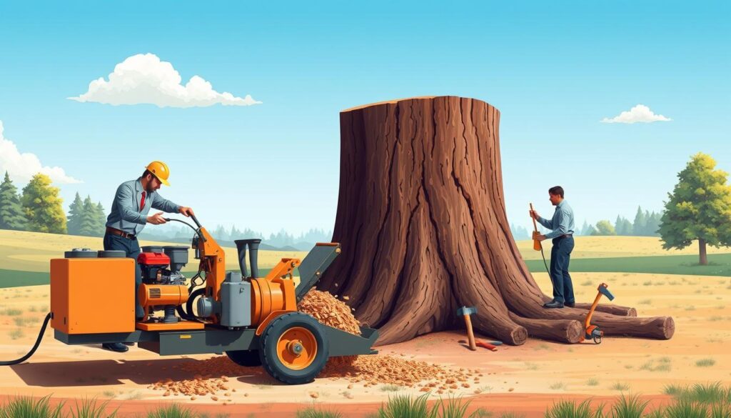 A detailed illustration of a "tree removal package" showcasing a team of professionals in business attire efficiently working on a large tree. In the foreground, depict two technicians operating a stump grinder, with the machine's mechanism visibly churning up wood chips, surrounded by a clean worksite. In the middle ground, show the tree that has been cut down, its stump partially removed, and tools like chainsaws and axes neatly arranged nearby. In the background, include a clear blue sky with a couple of fluffy clouds, and a few distant trees emphasizing the landscape. Use soft natural lighting to create an inviting atmosphere, capturing the essence of landscaping services while maintaining a sense of professionalism and efficiency. The angle should be slightly elevated to provide an encompassing view of the scene. A detailed illustration of a "tree removal package" showcasing a team of professionals in business attire efficiently working on a large tree. In the foreground, depict two technicians operating a stump grinder, with the machine's mechanism visibly churning up wood chips, surrounded by a clean worksite. In the middle ground, show the tree that has been cut down, its stump partially removed, and tools like chainsaws and axes neatly arranged nearby. In the background, include a clear blue sky with a couple of fluffy clouds, and a few distant trees emphasizing the landscape. Use soft natural lighting to create an inviting atmosphere, capturing the essence of landscaping services while maintaining a sense of professionalism and efficiency. The angle should be slightly elevated to provide an encompassing view of the scene.