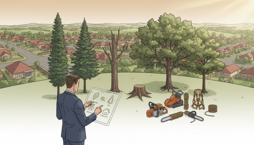 A detailed illustration of key cost factors influencing tree felling, set in an informative environment. In the foreground, a professional consultant in smart business attire is analyzing a digital tablet with various icons representing cost factors such as tree species, size, location, and equipment needed. The middle ground includes a variety of trees, showcasing different species and conditions, alongside tools like chainsaws and stump grinders. In the background, a suburban landscape of Centurion is visible, with homes and roads, conveying the local context. Soft, natural lighting illuminates the scene, adding a warm and professional atmosphere. The composition is captured from a slightly elevated angle to provide a comprehensive view of the cost factors and surroundings. A detailed illustration of key cost factors influencing tree felling, set in an informative environment. In the foreground, a professional consultant in smart business attire is analyzing a digital tablet with various icons representing cost factors such as tree species, size, location, and equipment needed. The middle ground includes a variety of trees, showcasing different species and conditions, alongside tools like chainsaws and stump grinders. In the background, a suburban landscape of Centurion is visible, with homes and roads, conveying the local context. Soft, natural lighting illuminates the scene, adding a warm and professional atmosphere. The composition is captured from a slightly elevated angle to provide a comprehensive view of the cost factors and surroundings.