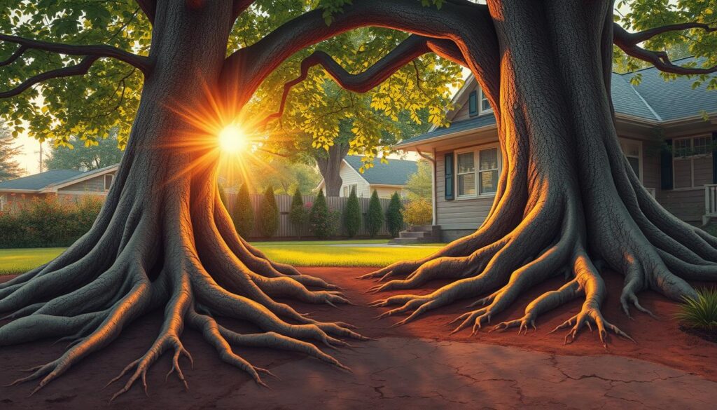 A detailed illustration showcasing the delicate balance between a large tree and a nearby house, emphasizing the roots and their potential risk to the foundations. In the foreground, vibrant tree roots visibly extend towards the base of a quaint suburban home, partially dug into the soil, revealing their complex structure. In the middle ground, the house's foundation appears slightly compromised, with crack lines suggesting stress from encroaching roots. The background features a lush garden with branches extending into the sky, casting gentle shadows. Soft, warm lighting highlights the scene during golden hour, creating a serene yet tense atmosphere, with a slight lens flare peeking through the leaves. The overall mood conveys the importance of maintaining distance between trees and structures to avoid foundational risks. A detailed illustration showcasing the delicate balance between a large tree and a nearby house, emphasizing the roots and their potential risk to the foundations. In the foreground, vibrant tree roots visibly extend towards the base of a quaint suburban home, partially dug into the soil, revealing their complex structure. In the middle ground, the house's foundation appears slightly compromised, with crack lines suggesting stress from encroaching roots. The background features a lush garden with branches extending into the sky, casting gentle shadows. Soft, warm lighting highlights the scene during golden hour, creating a serene yet tense atmosphere, with a slight lens flare peeking through the leaves. The overall mood conveys the importance of maintaining distance between trees and structures to avoid foundational risks.