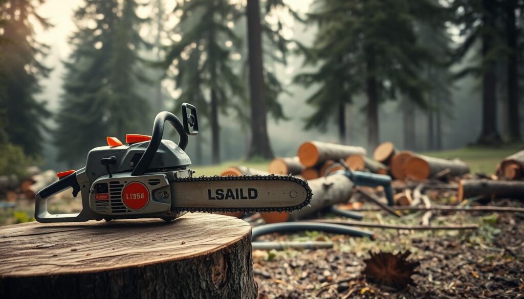 A detailed image showcasing specialized tree felling equipment in an outdoor setting, focusing on a large chainsaw and a tree cutter positioned prominently in the foreground. The chainsaw, gleaming with sharp teeth, rests on a wooden platform, and the tree cutter is displayed next to it, highlighting its rugged design. In the middle ground, several felled logs and scattered branches indicate recent work, with a backdrop of tall, lush trees partially obscured by a gentle morning mist. The lighting is soft and diffused, creating a calm atmosphere, enhancing the focus on the tools. The image should capture a professional and safe approach to tree felling, emphasizing advanced techniques that ensure property protection while respecting nature. A detailed image showcasing specialized tree felling equipment in an outdoor setting, focusing on a large chainsaw and a tree cutter positioned prominently in the foreground. The chainsaw, gleaming with sharp teeth, rests on a wooden platform, and the tree cutter is displayed next to it, highlighting its rugged design. In the middle ground, several felled logs and scattered branches indicate recent work, with a backdrop of tall, lush trees partially obscured by a gentle morning mist. The lighting is soft and diffused, creating a calm atmosphere, enhancing the focus on the tools. The image should capture a professional and safe approach to tree felling, emphasizing advanced techniques that ensure property protection while respecting nature.