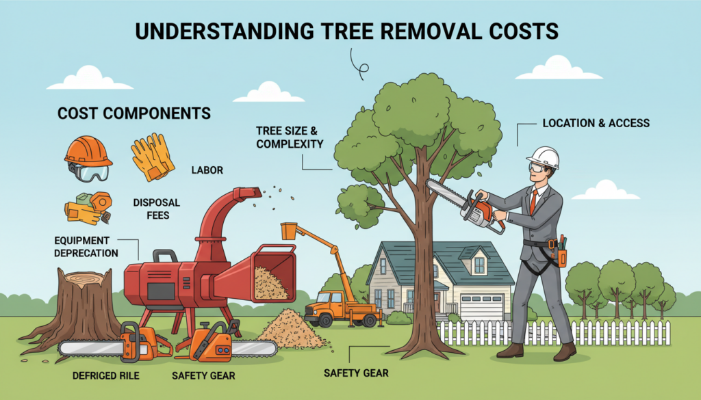 A detailed infographic-style illustration showcasing the cost components of tree removal, with a layered approach: In the foreground, a variety of elements representing costs, such as tree stump, wood chips, machinery (like chainsaws and chippers), and safety gear, all designed in a visually appealing and informative manner. The middle ground features a tree being removed, with a professional arborist in modest clothing using equipment, set against a backdrop of a residential area. In the background, a sunny day with a few fluffy clouds and distant trees completes the scene. The lighting is bright and natural, casting soft shadows that enhance visibility. The mood is informative and engaging, suitable for an educational article. A detailed infographic-style illustration showcasing the cost components of tree removal, with a layered approach: In the foreground, a variety of elements representing costs, such as tree stump, wood chips, machinery (like chainsaws and chippers), and safety gear, all designed in a visually appealing and informative manner. The middle ground features a tree being removed, with a professional arborist in modest clothing using equipment, set against a backdrop of a residential area. In the background, a sunny day with a few fluffy clouds and distant trees completes the scene. The lighting is bright and natural, casting soft shadows that enhance visibility. The mood is informative and engaging, suitable for an educational article.