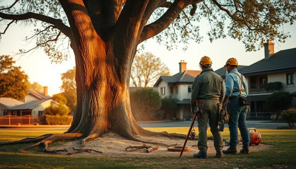 A detailed landscape scene depicting a tree removal operation in Valhalla, Centurion. In the foreground, a professional tree removal crew in modest casual clothing carefully assesses a large, old military tree, with a focus on their tools and safety equipment. The middle ground features the tree being cut, with visible sawdust and branches on the ground, illustrating the process of tree removal. The background showcases a serene suburban neighborhood, blending old military architecture with nature, under soft, golden-hour lighting that casts long shadows. The atmosphere feels focused and industrious, with a sense of professionalism, highlighting the complexities of pricing influenced by tree size, location, and removal techniques. The composition offers an engaging view from a slightly elevated angle, ensuring all elements are clearly visible. A detailed landscape scene depicting a tree removal operation in Valhalla, Centurion. In the foreground, a professional tree removal crew in modest casual clothing carefully assesses a large, old military tree, with a focus on their tools and safety equipment. The middle ground features the tree being cut, with visible sawdust and branches on the ground, illustrating the process of tree removal. The background showcases a serene suburban neighborhood, blending old military architecture with nature, under soft, golden-hour lighting that casts long shadows. The atmosphere feels focused and industrious, with a sense of professionalism, highlighting the complexities of pricing influenced by tree size, location, and removal techniques. The composition offers an engaging view from a slightly elevated angle, ensuring all elements are clearly visible.
