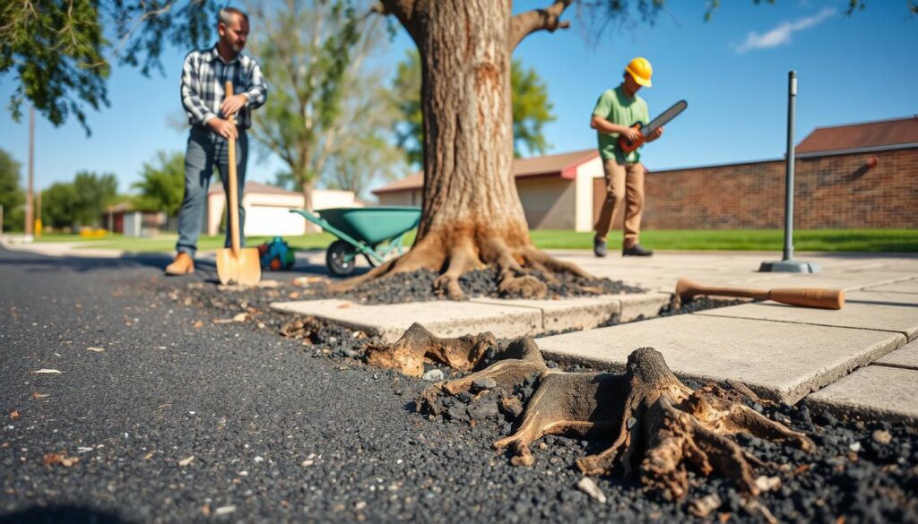 A detailed outdoor scene of the paving repair process, focusing on a work site where tree roots have lifted the pavement. In the foreground, two professional workers in modest casual clothing, one digging up the asphalt with a shovel and the other using a chainsaw to cut tree roots, both engaged in their tasks. The middle ground features a small section of removed paving slabs and exposed tree roots, with tools scattered around, such as a wheelbarrow and a pick. In the background, a partially finished area shows freshly laid base material, ready for new paving. The lighting is natural, highlighting the textures of the asphalt and roots, with a clear blue sky above, conveying a sense of purposeful work and diligence in the repair process. A detailed outdoor scene of the paving repair process, focusing on a work site where tree roots have lifted the pavement. In the foreground, two professional workers in modest casual clothing, one digging up the asphalt with a shovel and the other using a chainsaw to cut tree roots, both engaged in their tasks. The middle ground features a small section of removed paving slabs and exposed tree roots, with tools scattered around, such as a wheelbarrow and a pick. In the background, a partially finished area shows freshly laid base material, ready for new paving. The lighting is natural, highlighting the textures of the asphalt and roots, with a clear blue sky above, conveying a sense of purposeful work and diligence in the repair process.