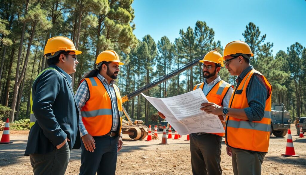 A detailed scene depicting safety planning for industrial tree felling. In the foreground, a diverse group of four professionals in business attire, reviewing safety plans on a large clipboard, with helmets and safety vests on. The middle ground features a crane and tree felling equipment, surrounded by safety cones and marked zones. In the background, a wooded area shows healthy trees, symbolizing the ecosystem. Bright daylight filters through the trees, casting dappled shadows on the ground, creating an industrious yet careful atmosphere. The angle captures both the professionals and the equipment, emphasizing teamwork and safety measures in action, with a clear blue sky enhancing the scene's clarity and focus on safety planning. A detailed scene depicting safety planning for industrial tree felling. In the foreground, a diverse group of four professionals in business attire, reviewing safety plans on a large clipboard, with helmets and safety vests on. The middle ground features a crane and tree felling equipment, surrounded by safety cones and marked zones. In the background, a wooded area shows healthy trees, symbolizing the ecosystem. Bright daylight filters through the trees, casting dappled shadows on the ground, creating an industrious yet careful atmosphere. The angle captures both the professionals and the equipment, emphasizing teamwork and safety measures in action, with a clear blue sky enhancing the scene's clarity and focus on safety planning.