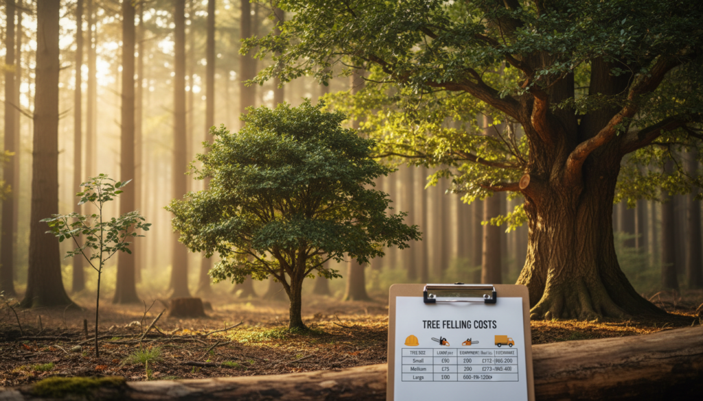 A detailed scene depicting the costs of tree felling, showcasing three trees of varying sizes: a small tree on the left, a medium tree in the center, and a large tree on the right. The small tree has a thin trunk and few leaves, the medium tree is well-formed with a sturdy trunk, and the large tree is majestic with a wide canopy and thick trunk. In the foreground, a clipboard with a price list is visible, indicating prices for each tree size, including various factors like labor and equipment costs. The background features a serene nature scene with soft sunlight filtering through the trees, creating a warm and inviting atmosphere. The image has a realistic style with soft focus on the background, emphasizing the foreground details. A detailed scene depicting the costs of tree felling, showcasing three trees of varying sizes: a small tree on the left, a medium tree in the center, and a large tree on the right. The small tree has a thin trunk and few leaves, the medium tree is well-formed with a sturdy trunk, and the large tree is majestic with a wide canopy and thick trunk. In the foreground, a clipboard with a price list is visible, indicating prices for each tree size, including various factors like labor and equipment costs. The background features a serene nature scene with soft sunlight filtering through the trees, creating a warm and inviting atmosphere. The image has a realistic style with soft focus on the background, emphasizing the foreground details.