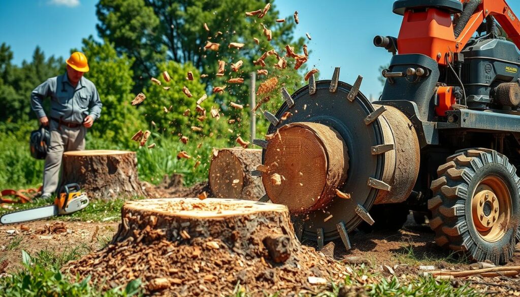A detailed scene depicting the stump removal process. In the foreground, a robust stump grinding machine with sharp, rotating blades is actively grinding a tree stump, sending wood chips flying. Nearby, a trained operator in professional attire focuses intently on the task. In the middle ground, the freshly ground stump reveals a cleanly cut surface, surrounded by scattered debris and equipment such as chainsaws and safety gear. The background features lush greenery and a clear blue sky, emphasizing an outdoor setting. The lighting is bright and natural, showcasing the details of the machine and the textures of the wood. The atmosphere is industrious and focused, capturing the essence of a thorough stump grinding process from assessment to clean-up. A detailed scene depicting the stump removal process. In the foreground, a robust stump grinding machine with sharp, rotating blades is actively grinding a tree stump, sending wood chips flying. Nearby, a trained operator in professional attire focuses intently on the task. In the middle ground, the freshly ground stump reveals a cleanly cut surface, surrounded by scattered debris and equipment such as chainsaws and safety gear. The background features lush greenery and a clear blue sky, emphasizing an outdoor setting. The lighting is bright and natural, showcasing the details of the machine and the textures of the wood. The atmosphere is industrious and focused, capturing the essence of a thorough stump grinding process from assessment to clean-up.