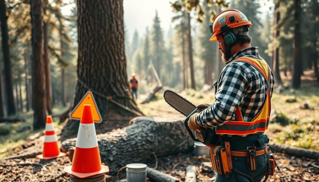 A detailed scene depicting tree felling safety standards in action, showcasing a professional tree feller in a hard hat and safety gear, carefully examining a large tree with a chainsaw in hand. In the foreground, include safety equipment like cones and caution signs, emphasizing precautionary measures. The middle ground features a tree being prepared for felling, with ropes and pulleys strategically placed to ensure controlled descent, underscoring risk assessment. The background presents an expansive forest, bathed in soft, natural daylight, with a slight haze to convey an outdoor atmosphere. The image should evoke a sense of professionalism and responsibility in safety practices, captured from a slightly elevated angle to provide a comprehensive view of the scene. A detailed scene depicting tree felling safety standards in action, showcasing a professional tree feller in a hard hat and safety gear, carefully examining a large tree with a chainsaw in hand. In the foreground, include safety equipment like cones and caution signs, emphasizing precautionary measures. The middle ground features a tree being prepared for felling, with ropes and pulleys strategically placed to ensure controlled descent, underscoring risk assessment. The background presents an expansive forest, bathed in soft, natural daylight, with a slight haze to convey an outdoor atmosphere. The image should evoke a sense of professionalism and responsibility in safety practices, captured from a slightly elevated angle to provide a comprehensive view of the scene.
