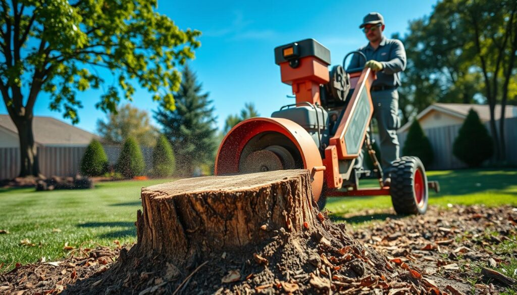 A detailed scene of stump grinding in a suburban yard, focusing on a professional stump grinder machine in action. The foreground features the powerful machine with visible grinding blades actively breaking down a tree stump, surrounded by wood chips and debris. In the middle ground, a worker in professional attire operates the machine, wearing safety goggles and gloves, demonstrating expertise. The background shows a clear blue sky, neatly trimmed grass, and leafy trees, conveying a peaceful suburban atmosphere. Soft, natural lighting illuminates the scene, creating a sense of calm and professionalism. Capture the motion and power of the stump grinder, emphasizing the contrast between the old stump and the freshly ground earth. A detailed scene of stump grinding in a suburban yard, focusing on a professional stump grinder machine in action. The foreground features the powerful machine with visible grinding blades actively breaking down a tree stump, surrounded by wood chips and debris. In the middle ground, a worker in professional attire operates the machine, wearing safety goggles and gloves, demonstrating expertise. The background shows a clear blue sky, neatly trimmed grass, and leafy trees, conveying a peaceful suburban atmosphere. Soft, natural lighting illuminates the scene, creating a sense of calm and professionalism. Capture the motion and power of the stump grinder, emphasizing the contrast between the old stump and the freshly ground earth.