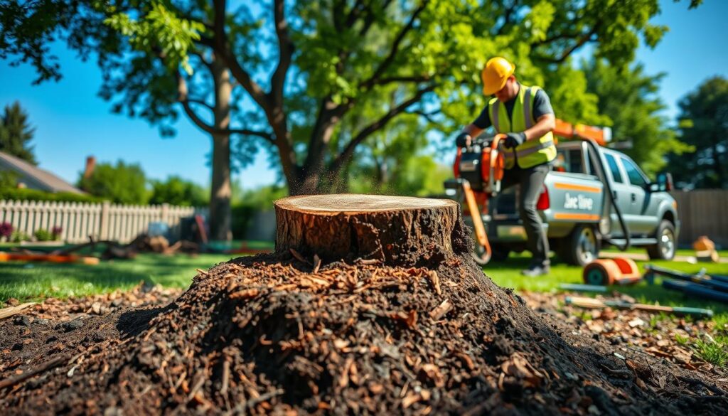 A detailed scene of stump removal at a residential property, showcasing a cut tree stump surrounded by soil and wood chips. In the foreground, a professional tree removal technician in a green safety vest and hard hat utilizes a stump grinding machine, demonstrating the process. The mid-ground features additional tree debris and tools scattered around, with a pickup truck parked nearby, equipped for tree services. In the background, a lush green yard with a clear blue sky creates a serene atmosphere, contrasting with the task at hand. Bright, natural lighting emphasizes the textures of the stump and equipment, while a shallow depth of field focuses attention on the technician's work. The overall mood is industrious yet calm, highlighting the importance of emergency tree service professionalism. A detailed scene of stump removal at a residential property, showcasing a cut tree stump surrounded by soil and wood chips. In the foreground, a professional tree removal technician in a green safety vest and hard hat utilizes a stump grinding machine, demonstrating the process. The mid-ground features additional tree debris and tools scattered around, with a pickup truck parked nearby, equipped for tree services. In the background, a lush green yard with a clear blue sky creates a serene atmosphere, contrasting with the task at hand. Bright, natural lighting emphasizes the textures of the stump and equipment, while a shallow depth of field focuses attention on the technician's work. The overall mood is industrious yet calm, highlighting the importance of emergency tree service professionalism.