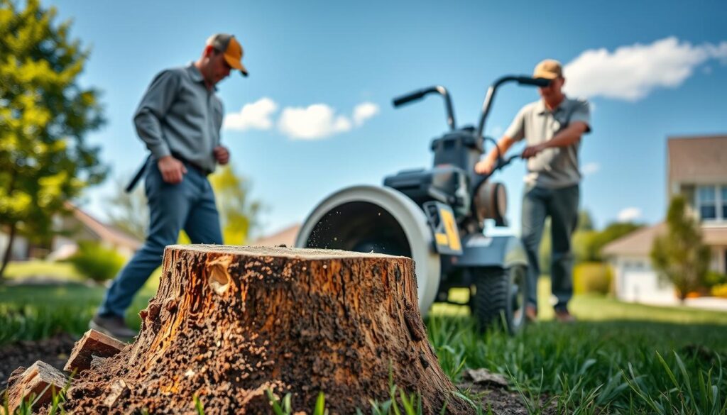 A detailed scene of stump removal in a residential area, featuring a professional landscaper in modest, casual clothing using a stump grinder. In the foreground, the stump is partially ground down, with chunks of wood scattered around. The middle ground showcases the landscaper operating the machine, focused and skillful, with a backdrop of lush green grass and trees. In the background, a clear blue sky adds brightness, with a few fluffy clouds hinting at a pleasant day. The lighting is warm and natural, emphasizing the activity. The atmosphere conveys professionalism and the efficient transformation of the landscape. The overall composition captures the essence of stump grinding expertise in progress. A detailed scene of stump removal in a residential area, featuring a professional landscaper in modest, casual clothing using a stump grinder. In the foreground, the stump is partially ground down, with chunks of wood scattered around. The middle ground showcases the landscaper operating the machine, focused and skillful, with a backdrop of lush green grass and trees. In the background, a clear blue sky adds brightness, with a few fluffy clouds hinting at a pleasant day. The lighting is warm and natural, emphasizing the activity. The atmosphere conveys professionalism and the efficient transformation of the landscape. The overall composition captures the essence of stump grinding expertise in progress.